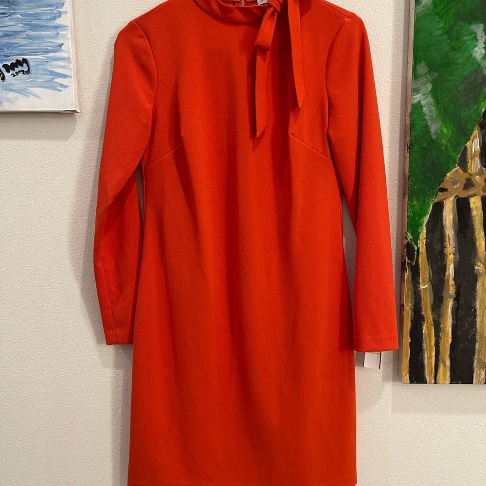 Calvin Klein Orange Long-Sleeve Tie-Neck Sheath Dress
